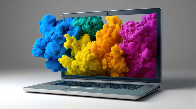 Colorful smoke laptop digital art creative technology blue yellow pink modern vibrant concept imagination innovation