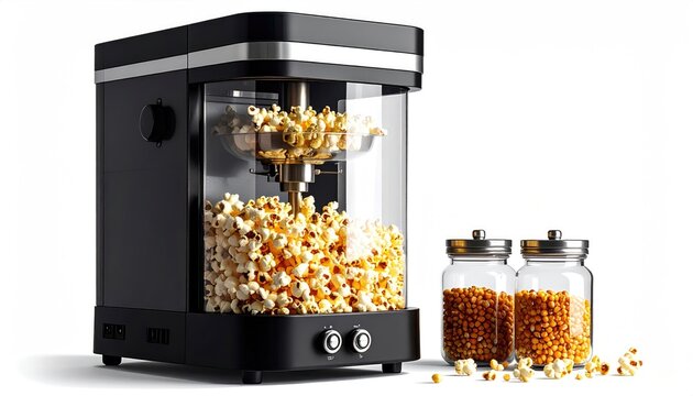 Sleek black popcorn machine with two jars of kernels on white background