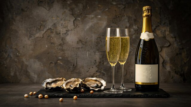 Champagne bottle with filled flutes and fresh oysters on rustic table celebrating luxury dining