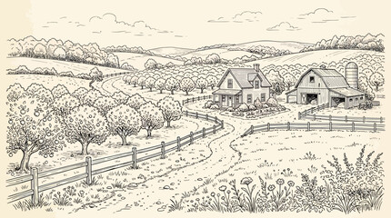 Fototapeta premium Detailed Hand-Drawn Countryside Farm Landscape featuring a Rustic House, Barn, and Orchard under a Clear Sky