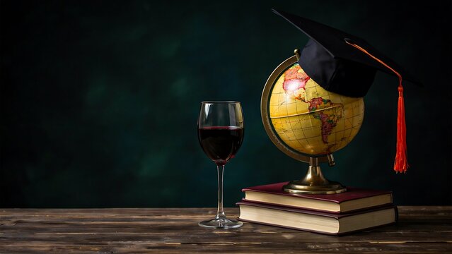 Graduation cap on globe with books and wine glass representing global education achievement