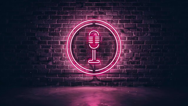 Neon glowing microphone icon on brick wall representing podcast music and audio broadcasting