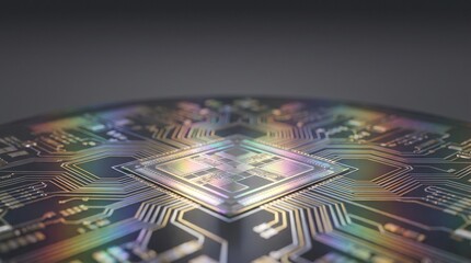 Fototapeta premium Computer processor chip on circuit board. Microchip hardware with iridescent light reflection.