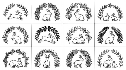 Fototapeta premium Cute Bunny Illustrations: Hand-Drawn Easter Wreaths and Arches with Rabbits