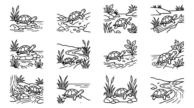 Cute Cartoon Turtles in Nature Scenes - Set of 12 Illustrations