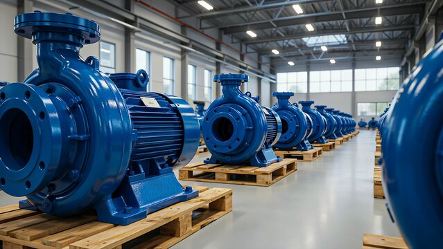 Industrial blue centrifugal water pumps arranged in modern manufacturing factory warehouse