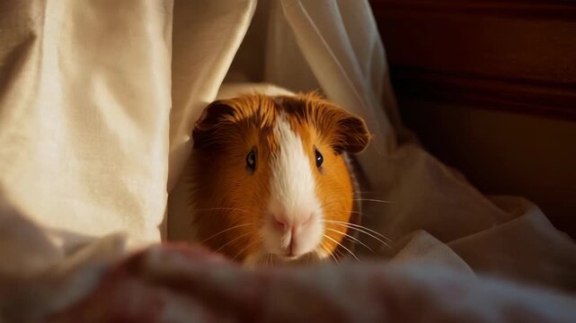 A small brown and white guinea pig looking out from a window covered with sheer curtains. The pet is showing curiosity and interest in the outside world.