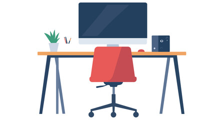 Fototapeta premium Clean modern office desk setup with computer monitor, red chair, and minimal decor, professional workspace illustration perfect for business and interior concepts