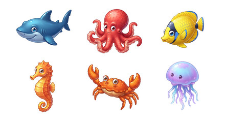 Naklejka premium Low Poly Sea Animals Set - Geometric Marine Life Collection with Whale, Dolphin, Shark, Turtle, Jellyfish and School of Fish on White Background