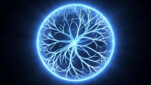 抽象的な青い光の球体内で成長する植物の根のような粒子エフェクト