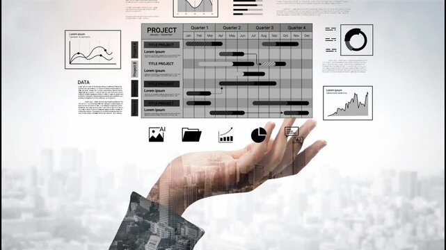 Data visualization with charts and graphs displaying project management information over a hand above a city skyline with a corporate aesthetic Gluon.