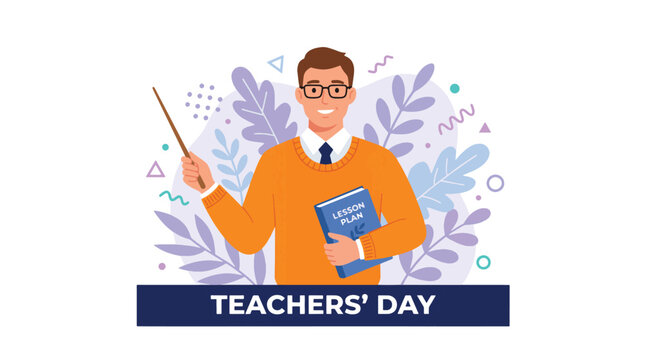Happy Teachers Day celebration with a smiling male teacher holding a lesson plan book and pointer stick