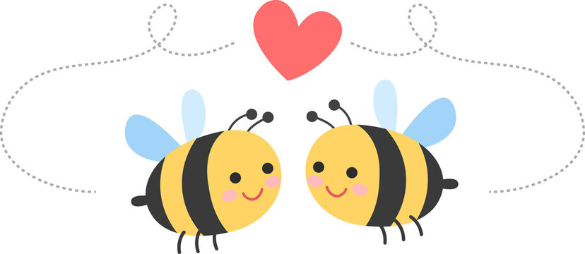 Cute Kissing Bees with Heart Flat Vector Illustration, Happy Valentine Love Cartoon Characters