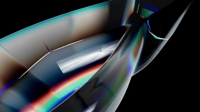 Abstract dark glass vase with smooth curves and a glowing white light reflection isolated on a solid black background for modern interior design