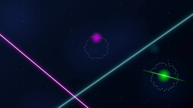 An Atmospheric Neon Scene Visualization : A central glowing magenta sphere, marked with a specific dotted circular matrix pattern, is suspended in dark, particle-dusted deep space