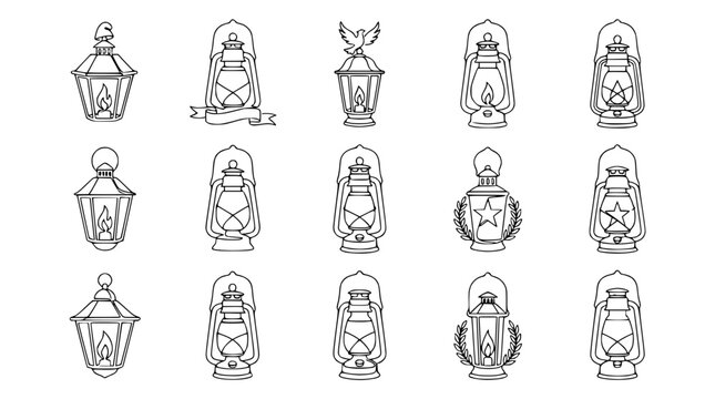 Vintage Lantern Collection: Hand-Drawn Icons of Old-Fashioned Lamps and Lights