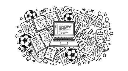Obraz premium Creative Business Idea: Laptop, Notes, Soccer Balls, Publish Posts, People Icons