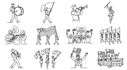 USA Parade Line Art Collection: Marching Band, Flags, Trumpet Player, Saxophonist © Qita