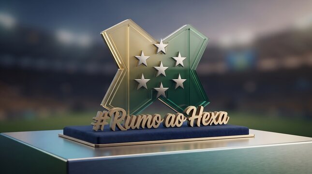 3D Rumo ao Hexa soccer trophy with stars in stadium