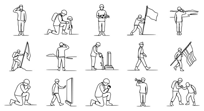 Military Soldiers Line Art Icons: Saluting, Memorial, Flag Bearing, Marching