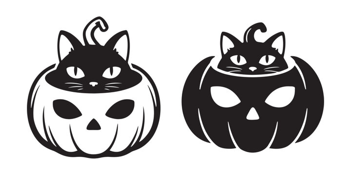Black cat sitting inside a carved pumpkin for halloween holiday celebration vector Vector