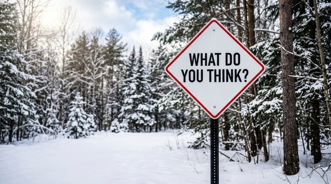 Diamond shaped sign asking thought provoking question in snowy forest path with snow covered forest dense evergreen trees under partly cloudy sky