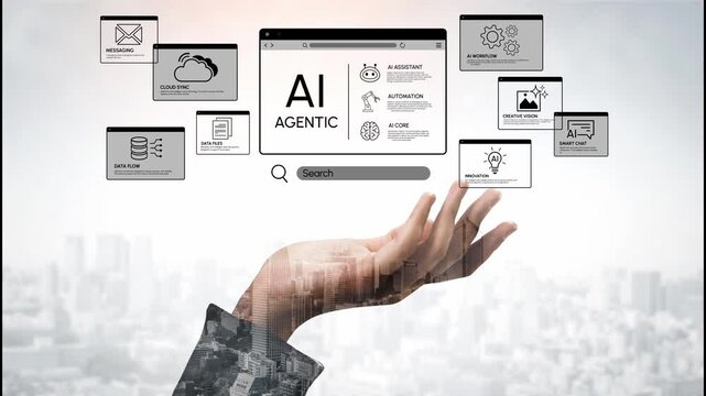 Digital hand presenting artificial intelligence interface with various applications and graphics for modern technology concepts and business solutions. Entropy.