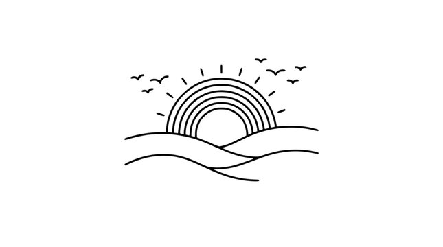Minimalist sun rising over wavy landscape with birds flying, line art illustration