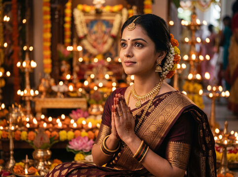 Woman Praying Before Durga Idol During Traditional Durga Puja Celebration Inside a Decorated Hindu Temple