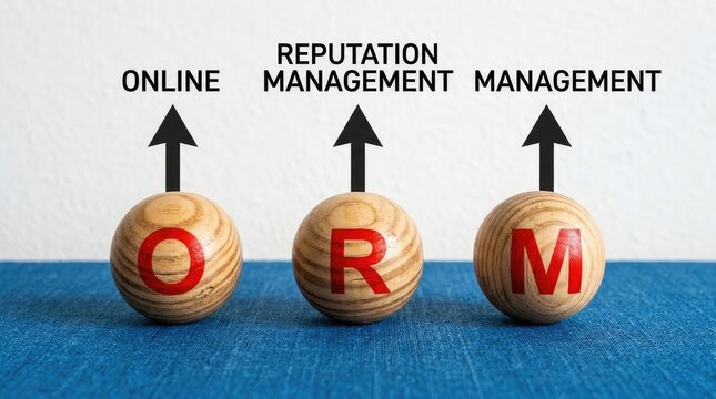 Three wooden spheres showcasing online reputation management concept with arrows with each topped upward arrow against neutral background spheres labeled orm