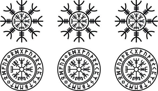 Vegvisir icelandic compass stave set featuring magical norse runic navigation symbols inside protective viking script circle borders