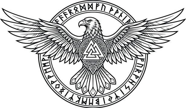 Viking eagle emblem featuring valknut symbol and runic circle ring in bold black and white line art vector format