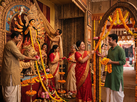 Family Offering Flowers and Prayers Before the Durga Idol During Durga Puja Celebration