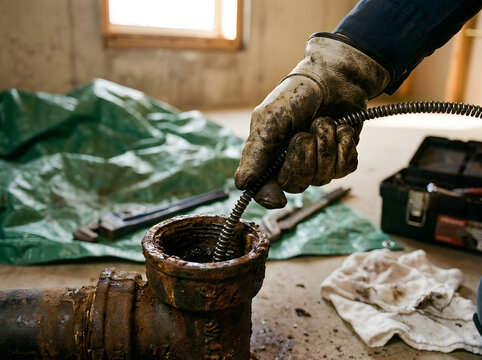 Plumber Inserting Drain Snake Cable into Rusty Cast Iron Cleanout Pipe | Unclogging Heavy Duty Sewer Drain Pipe with Metal Drain Augers | Close Up of Plumber Clearing Clogged Industrial Pipe with Snak