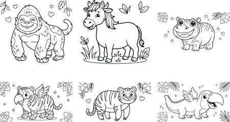 Obraz premium Adorable black and white coloring book illustrations of cute sea animals and fantasy creatures
