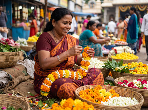 Flower Vendor Making Fresh Marigold Garlands for Durga Puja Festival Celebrations