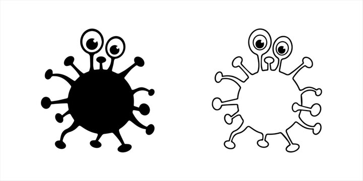 Funny space invaders stencils. Unique creature graphics symbols, bacteria and virus characters icons, computer monsters black shapes. Coronavirus Cell Characters Vector Illustration With Facial.