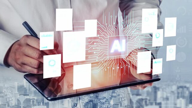 Hands of a businessperson writing notes on a tablet with artificial intelligence graphics and circuit patterns illustrating technology and innovation concepts. Entropy.