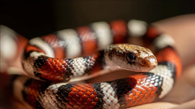 A person gently holds the head of a red and brown cobra with white markings on its skin.