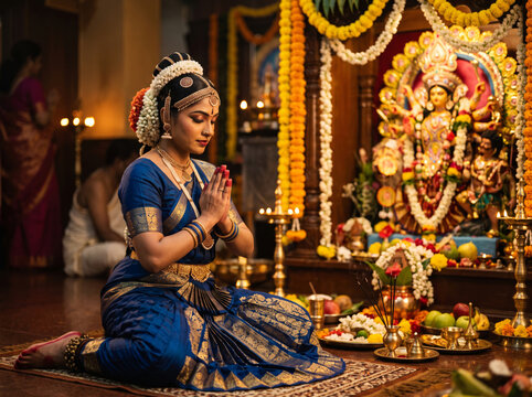 Woman Kneeling in Prayer Before the Decorated Durga Idol During Durga Puja Worship