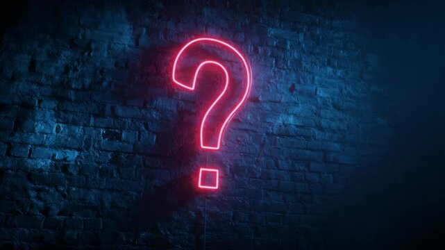 Dark blue light illuminates a brick wall. Glowing red question mark hangs suspended. Shadowed, mysterious, and atmospheric. Ideal for suspense, mystery, or thought-provoking themes