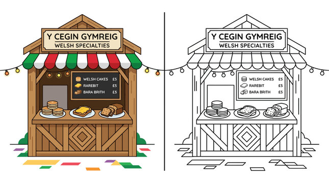 Welsh Specialties Food Stall - Color and Outline Illustration