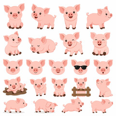 Obraz premium Cute pink pig characters set vector illustration piglet cartoon collection