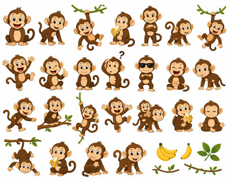 Cute cartoon monkey character set in various poses with bananas vector