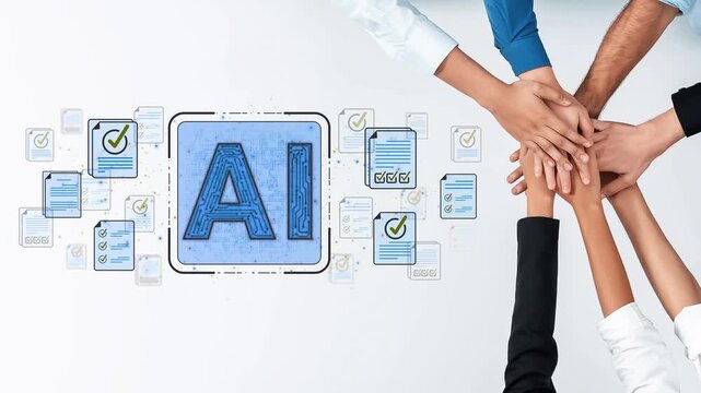 Team Collaboration and Artificial Intelligence Concept with Hands Stacked Around AI Icon and Digital Documents Illustrating Modern Technology Solutions Sigmoid