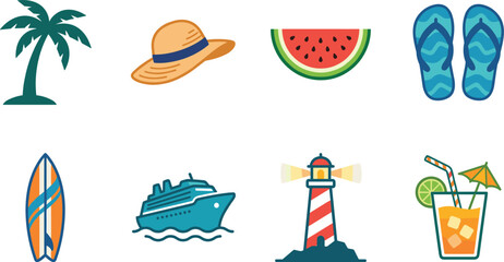 Obraz premium Summer vacation and beach holiday vector icon set with palm tree, cocktail, surfboard, and lighthouse
