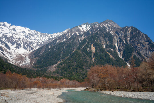 Snow covered mountain landscape with clear blue sky, nature and scenic wilderness.