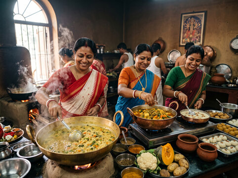 Women Preparing Traditional Festival Food Together for Durga Puja Celebration