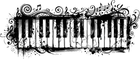 Abstract Piano Keys with Musical Notes and Ink Splatter © Biru