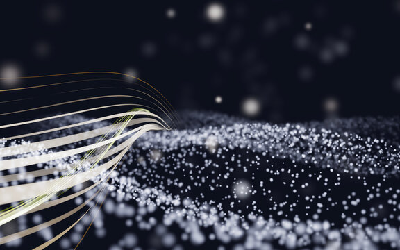 A captivating 3D digital render featuring an ethereal, luminous composition against a dark backdrop
